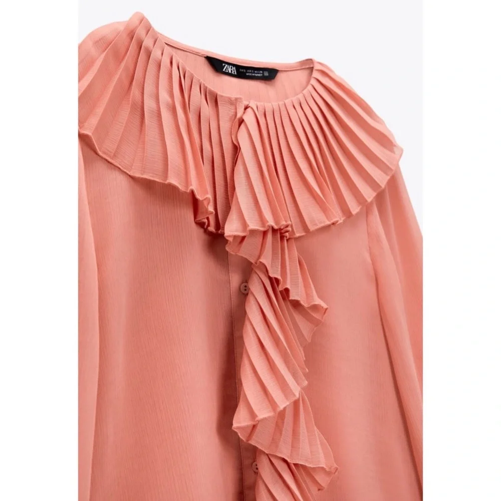 Zara XSmall Pleated Ruffle Blouse, Mid-Pink - Picture 6 of 8